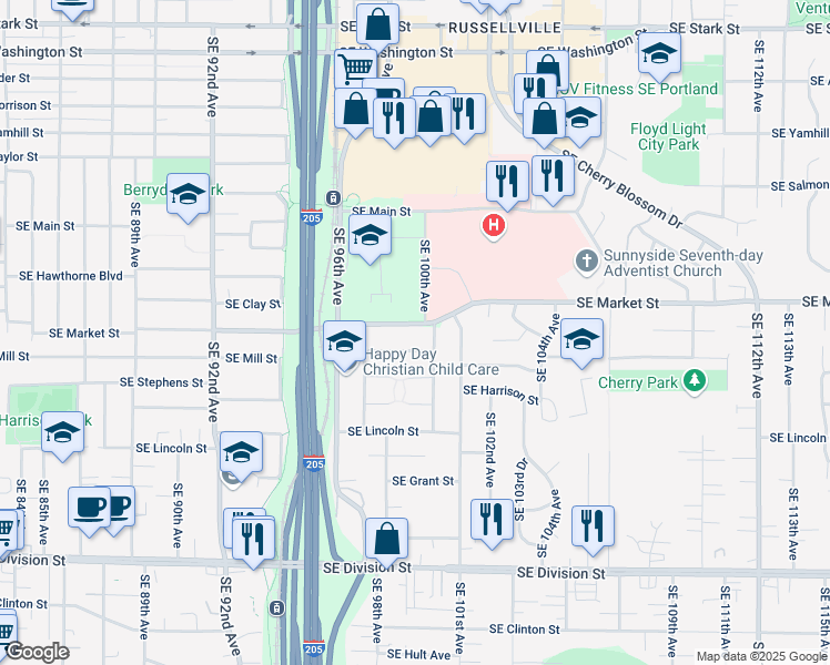 map of restaurants, bars, coffee shops, grocery stores, and more near 9814 Southeast Mill Street in Portland