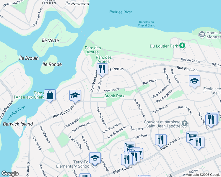 map of restaurants, bars, coffee shops, grocery stores, and more near 12793 Rue Brook in Montréal