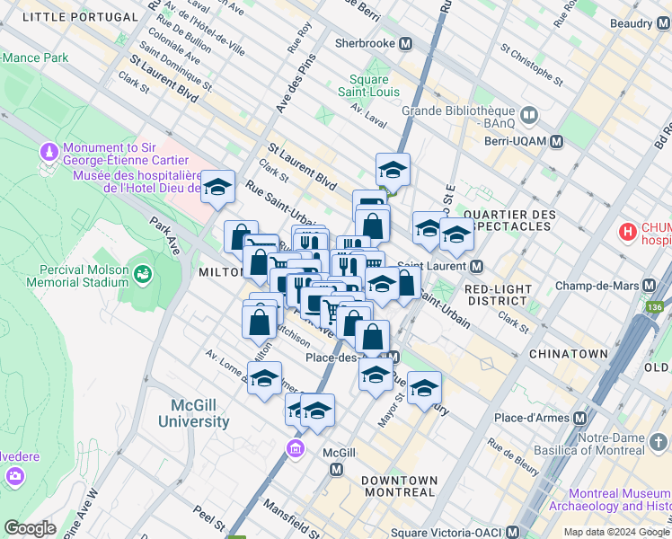 map of restaurants, bars, coffee shops, grocery stores, and more near 3451 Rue Sainte Famille in Montréal