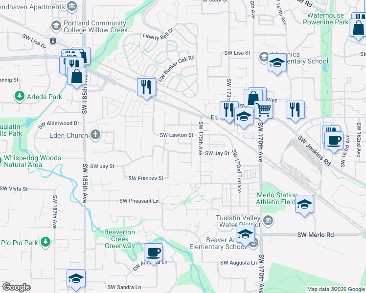 map of restaurants, bars, coffee shops, grocery stores, and more near 17686 Southwest Jay Street in Beaverton
