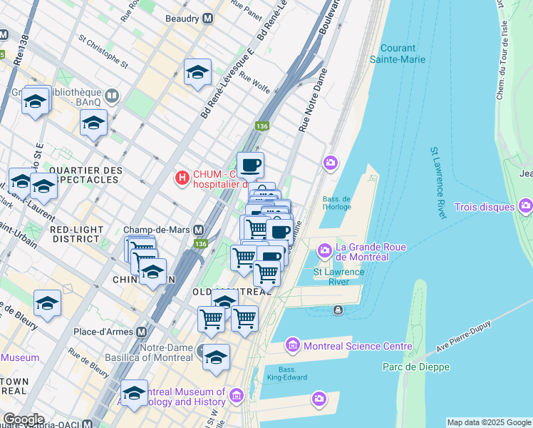 map of restaurants, bars, coffee shops, grocery stores, and more near 433 Rue Notre-Dame Est in Montréal