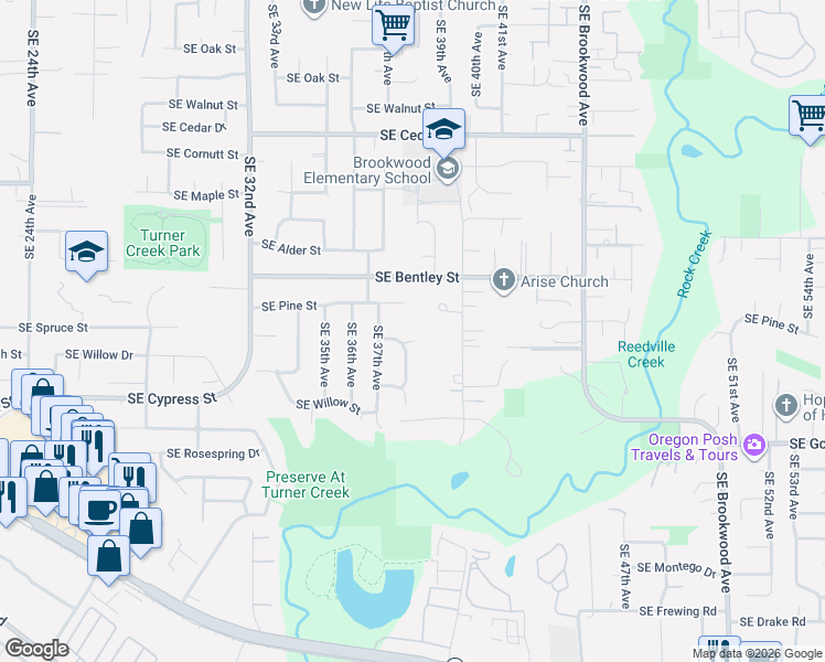 map of restaurants, bars, coffee shops, grocery stores, and more near 3817 Southeast Spruce Street in Hillsboro