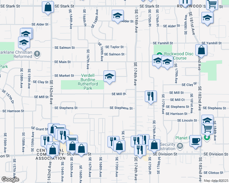 map of restaurants, bars, coffee shops, grocery stores, and more near 17108 Southeast Market Street in Portland