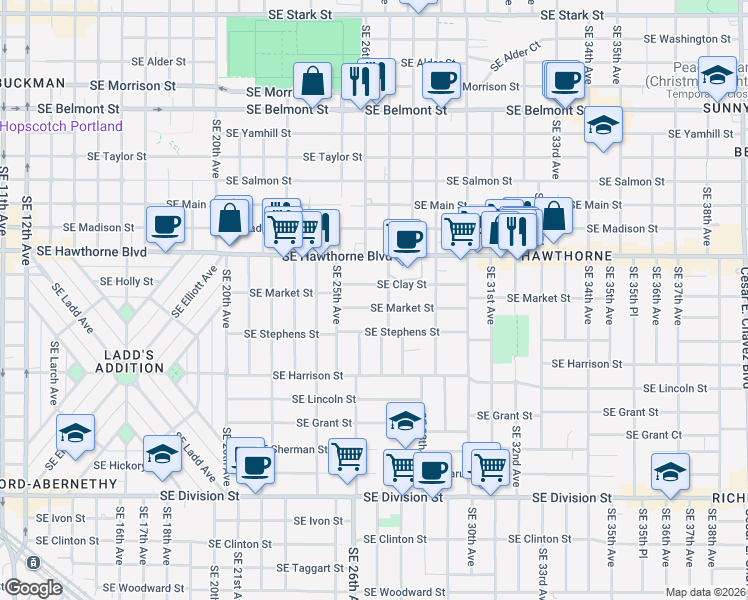 map of restaurants, bars, coffee shops, grocery stores, and more near 2625 Southeast Market Street in Portland