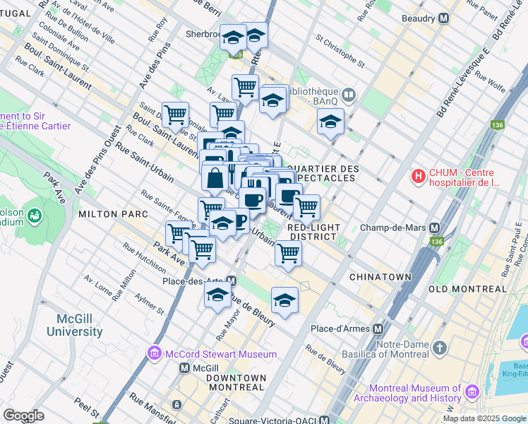 map of restaurants, bars, coffee shops, grocery stores, and more near 1625 Rue Clark in Montréal