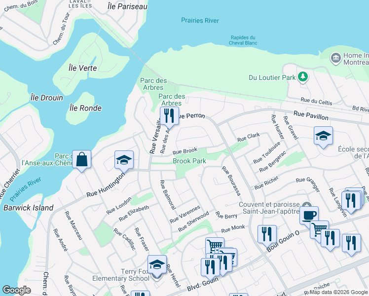 map of restaurants, bars, coffee shops, grocery stores, and more near 12793 Rue Brook in Montréal
