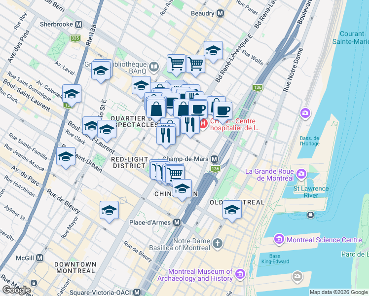 map of restaurants, bars, coffee shops, grocery stores, and more near 1090 Rue Sainte Élisabeth in Montréal