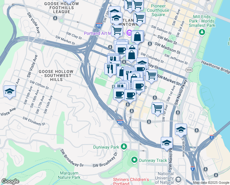 map of restaurants, bars, coffee shops, grocery stores, and more near 1914 Southwest Park Avenue in Portland