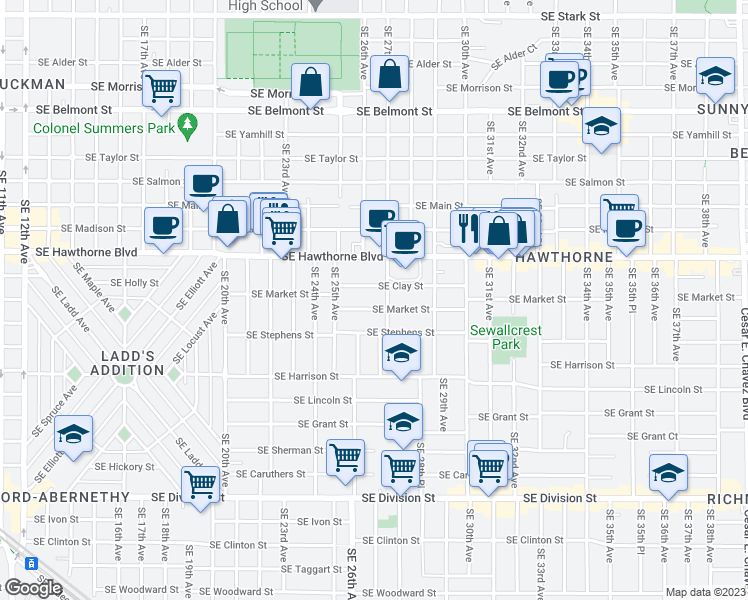 map of restaurants, bars, coffee shops, grocery stores, and more near 2625 Southeast Market Street in Portland