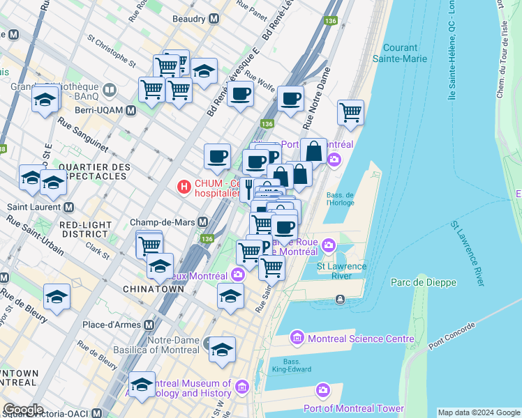 map of restaurants, bars, coffee shops, grocery stores, and more near 416 Rue du Champ de Mars in Montréal