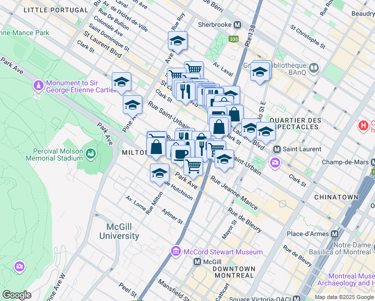 map of restaurants, bars, coffee shops, grocery stores, and more near 210 Milton St in Montreal