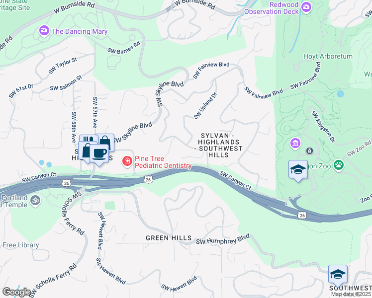 map of restaurants, bars, coffee shops, grocery stores, and more near 1665 Southwest Highland Parkway in Portland