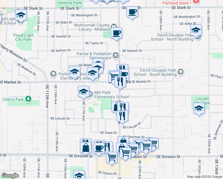 map of restaurants, bars, coffee shops, grocery stores, and more near 12037 Southeast Mill Court in Portland