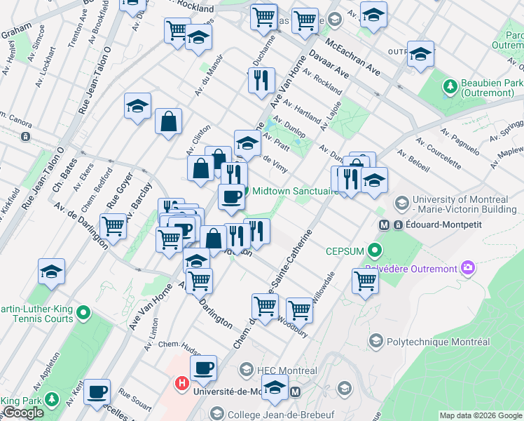map of restaurants, bars, coffee shops, grocery stores, and more near 6000 Chemin Deacon in Montreal