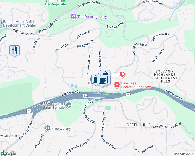 map of restaurants, bars, coffee shops, grocery stores, and more near 1715 Southwest Skyline Boulevard in Portland