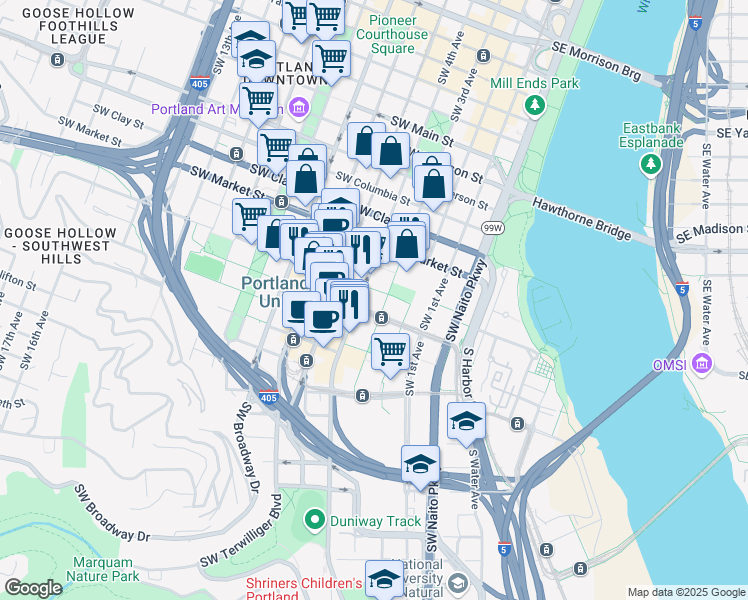 map of restaurants, bars, coffee shops, grocery stores, and more near in Portland