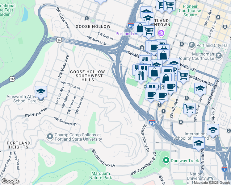 map of restaurants, bars, coffee shops, grocery stores, and more near 1225 Southwest College Street in Portland