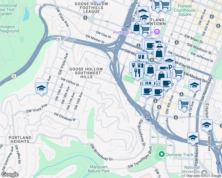 map of restaurants, bars, coffee shops, grocery stores, and more near 1225 Southwest College Street in Portland