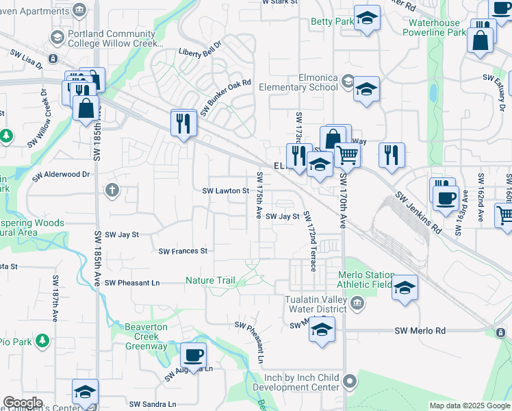 map of restaurants, bars, coffee shops, grocery stores, and more near 17533 Southwest Lawton Street in Beaverton