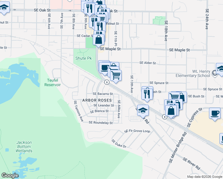 map of restaurants, bars, coffee shops, grocery stores, and more near 1167 Southeast Tualatin Valley Highway in Hillsboro