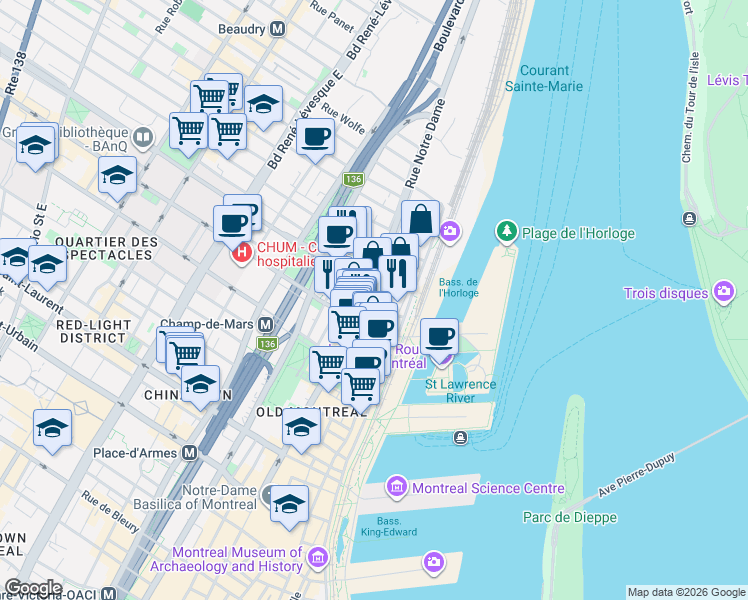 map of restaurants, bars, coffee shops, grocery stores, and more near 448 Rue Notre-Dame Est in Montréal