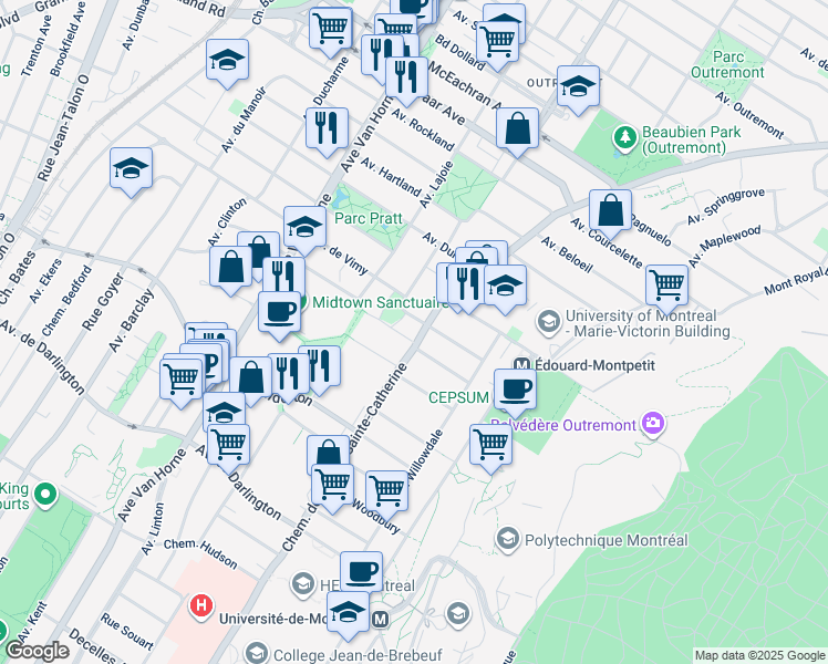 map of restaurants, bars, coffee shops, grocery stores, and more near in Montreal