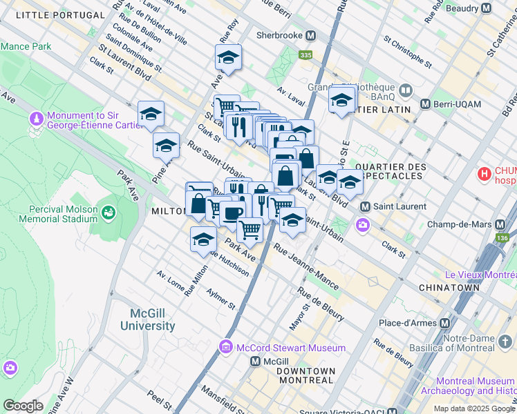 map of restaurants, bars, coffee shops, grocery stores, and more near 3457 Rue Sainte Famille in Montréal