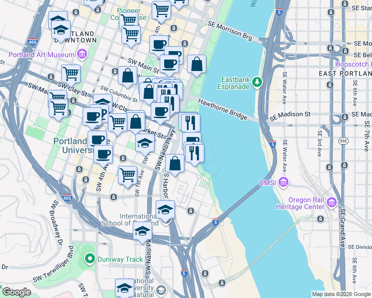 map of restaurants, bars, coffee shops, grocery stores, and more near 1616 South Harbor Way in Portland