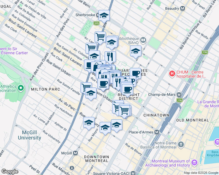 map of restaurants, bars, coffee shops, grocery stores, and more near 1625 Rue Clark in Montrã©Al