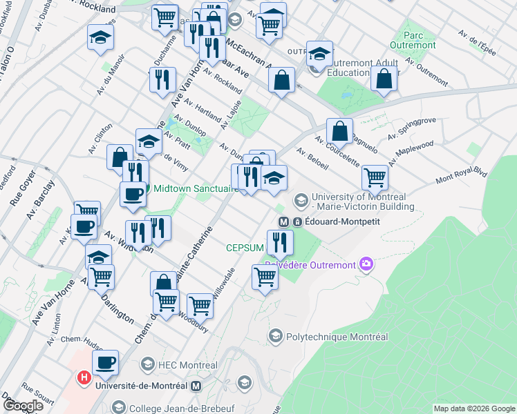 map of restaurants, bars, coffee shops, grocery stores, and more near 25 Vincent D'Indy Avenue in Montrã©Al