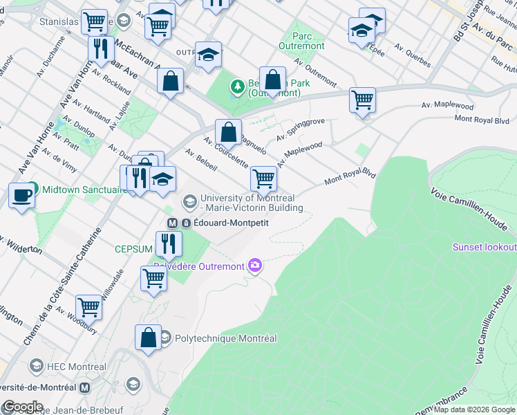 map of restaurants, bars, coffee shops, grocery stores, and more near 1420 Mont Royal Boulevard in Montreal