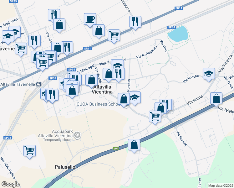 map of restaurants, bars, coffee shops, grocery stores, and more near 4 Via Giacomo Puccini in Altavilla Vicentina