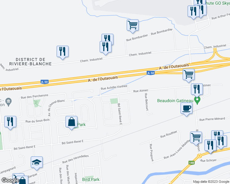 map of restaurants, bars, coffee shops, grocery stores, and more near 1535 Rue Atmec in Gatineau