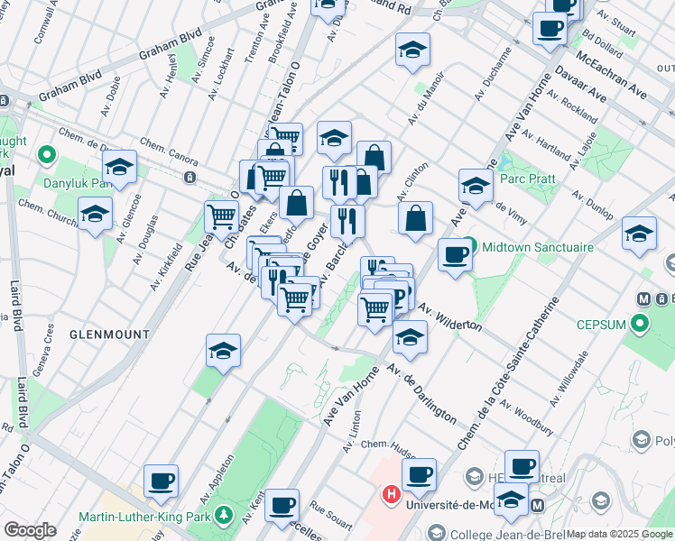 map of restaurants, bars, coffee shops, grocery stores, and more near 2720 Avenue Barclay in Montréal