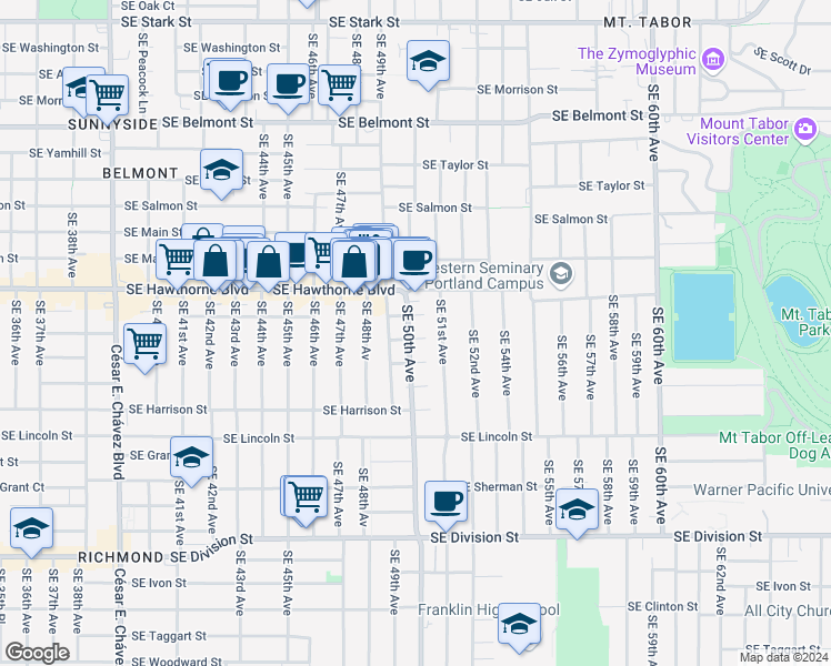 map of restaurants, bars, coffee shops, grocery stores, and more near 5021 Southeast Market Street in Portland
