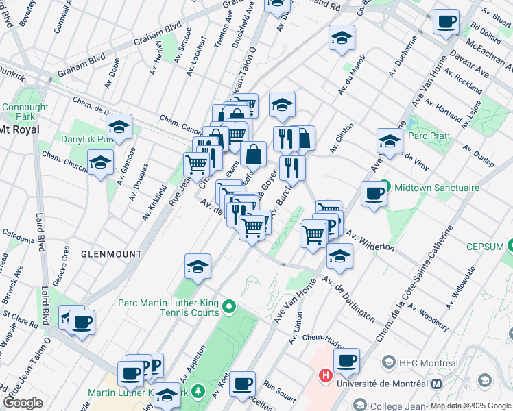 map of restaurants, bars, coffee shops, grocery stores, and more near 2770 Goyer Street in Montreal