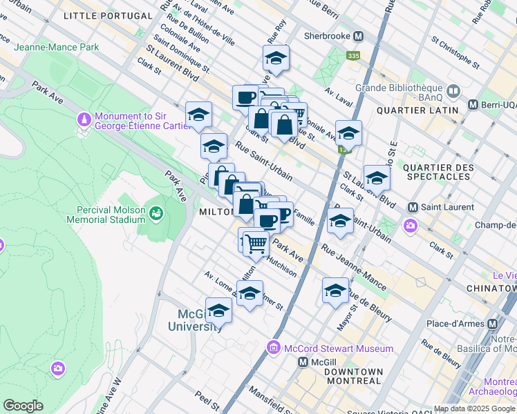 map of restaurants, bars, coffee shops, grocery stores, and more near 3565 Rue Jeanne-Mance in Montréal