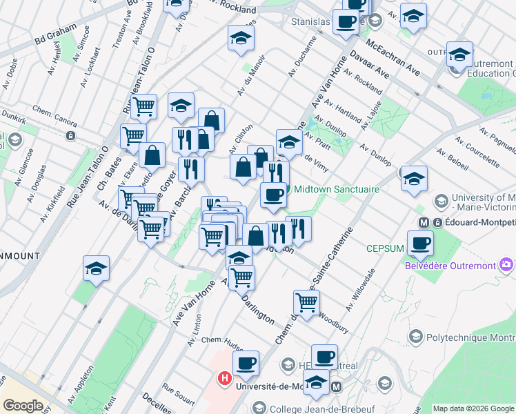 map of restaurants, bars, coffee shops, grocery stores, and more near 2400 Avenue Van Horne in Montréal