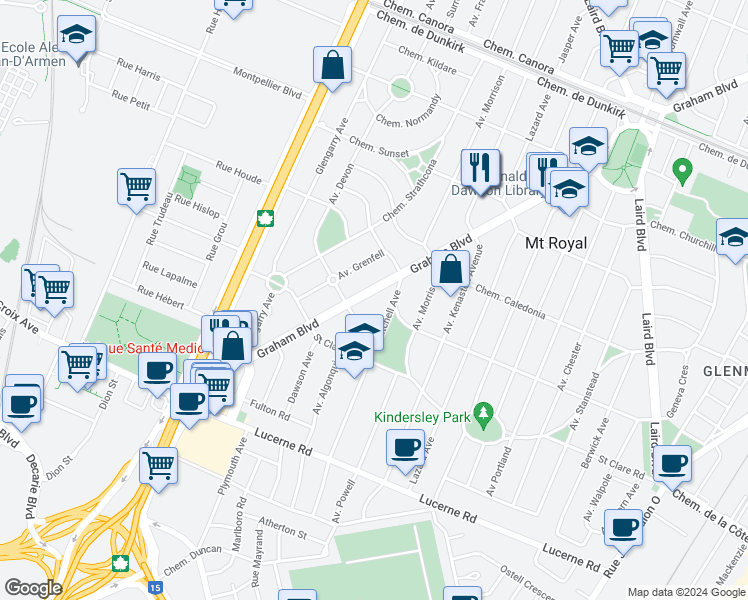 map of restaurants, bars, coffee shops, grocery stores, and more near 2650 Boulevard Graham in Mont-Royal