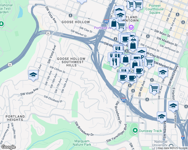 map of restaurants, bars, coffee shops, grocery stores, and more near 1205 Southwest Cardinell Drive in Portland