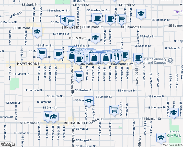 map of restaurants, bars, coffee shops, grocery stores, and more near 1623 Southeast 42nd Avenue in Portland