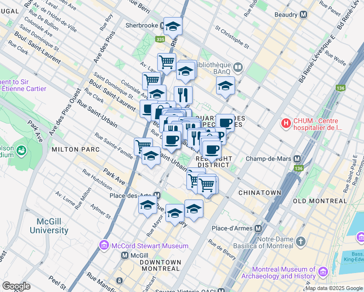 map of restaurants, bars, coffee shops, grocery stores, and more near 1625 Rue Clark in Montrã©Al