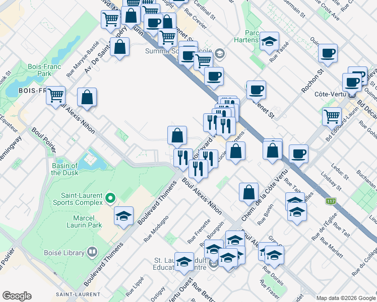 map of restaurants, bars, coffee shops, grocery stores, and more near 2113 Boulevard Thimens in Montréal