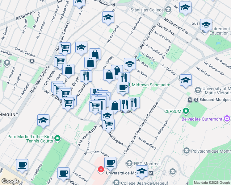 map of restaurants, bars, coffee shops, grocery stores, and more near 2400 Avenue Van Horne in Montréal
