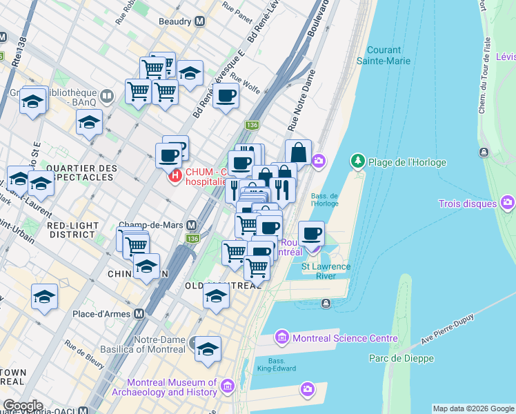 map of restaurants, bars, coffee shops, grocery stores, and more near 435 Rue Notre-Dame Est in Montréal