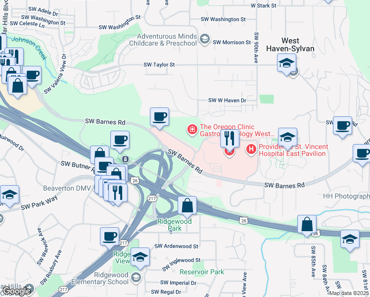 map of restaurants, bars, coffee shops, grocery stores, and more near 9615-9657 Southwest Barnes Road in Portland