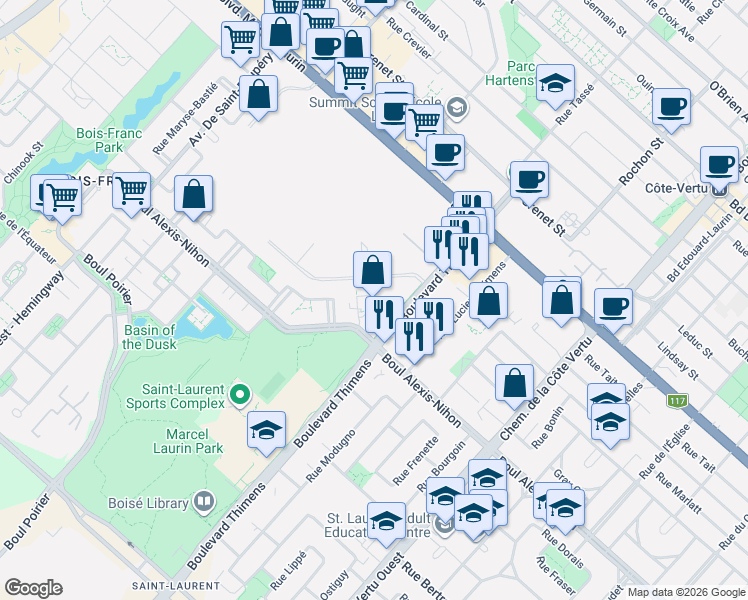 map of restaurants, bars, coffee shops, grocery stores, and more near 1369 Boulevard Alexis-Nihon in Montréal