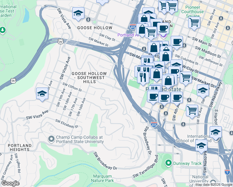 map of restaurants, bars, coffee shops, grocery stores, and more near 1205 Southwest Cardinell Drive in Portland