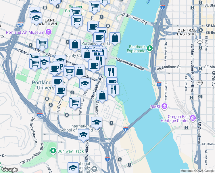 map of restaurants, bars, coffee shops, grocery stores, and more near 1616 South Harbor Way in Portland
