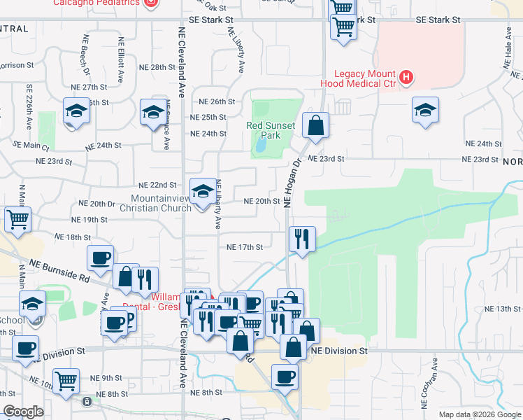 map of restaurants, bars, coffee shops, grocery stores, and more near 1551 Northeast 20th Street in Gresham